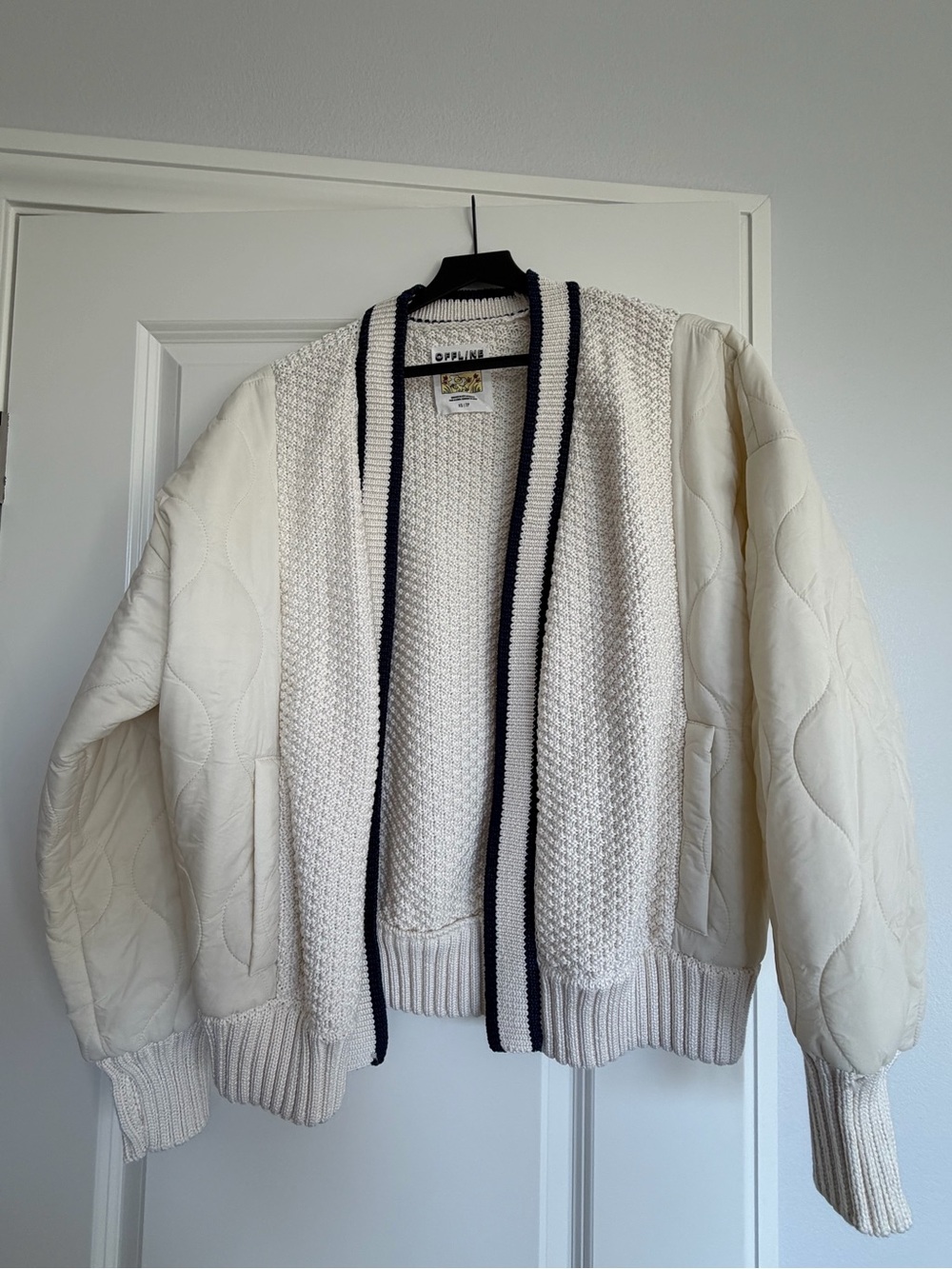 aerie Cream Quilted Sleeve Cardigan with Navy Trim